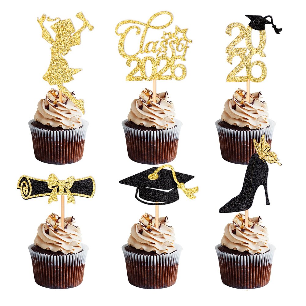 Girl Graduation Cupcake Toppers 2026 Graduation Decorations 24 PCS, Glitter Gold Class of 2026 Cupcake Topper Supplies, 2026 Graduat Decorations Party Decorations, Diploma, Grad Cap Set (Gold Girl)