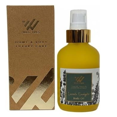 Wild Vibes Lavender Eucalyptus Body & Massage Oil - Aromatherapy, Jojoba, Papaya & Shea Oils, Vitamin E, Lupine Seed Extract for Collagen production Nourishing Oil for all skin types 4oz