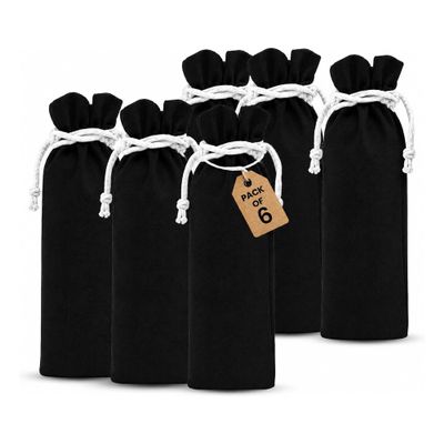 LFH Reusable Cotton Rich Wine Bags with Drawstring Closure | Wine Bottle Gift Bags for Wine | Eco-Friendly Reusable Bottle Gift Bag for Holidays & Parties | Pack of 6 | 6x14 Inches | Black