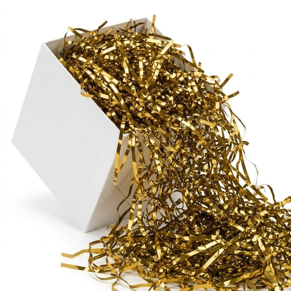 PMU 8oz Gold Crinkle Cut Metallic Paper Shredded Wavy Crimped Foil Paper Filler for Gift Baskets