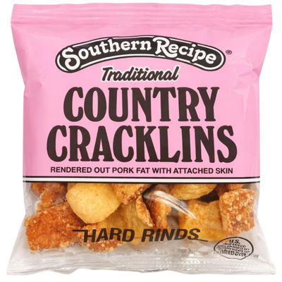 Southern Recipe` Traditional Country Cracklins, Hard Rinds, Pink Bag, Rendered Out Pork Fat with Attached Skin, Riega Snacks (2 Ounce (Pack of 12), Traditional)