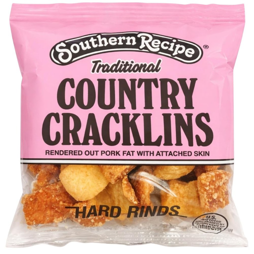 Southern Recipe` Traditional Country Cracklins, Hard Rinds, Pink Bag, Rendered Out Pork Fat with Attached Skin, Riega Snacks (2 Ounce (Pack of 12), Traditional)