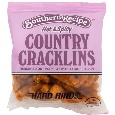 Southern Recipe` Hot & Spicy Country Cracklins, Hard Rinds Purple Bag, Rendered Out Pork Fat with Attached Skin, Riega Snacks (2 Ounce (Pack of 36), Hot & Spicy)