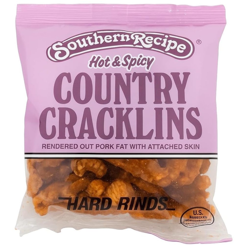 Southern Recipe` Hot & Spicy Country Cracklins, Hard Rinds Purple Bag, Rendered Out Pork Fat with Attached Skin, Riega Snacks (2 Ounce (Pack of 36), Hot & Spicy)