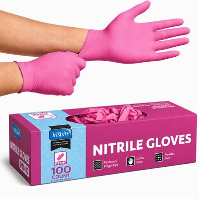 Inspire Pink Gloves Disposable Latex Free | Nitrile Pink Glove Hair and Nail Salon, Esthetician Nitrile Disposable Gloves (100, Large)