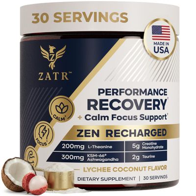 ZATR Post Workout Recovery Drink Powder KSM-66 Ashwagandha, Creatine Monohydrate, L-Theanine & Taurine for Muscle Recovery, Cortisol Support & 30 Servings, Lychee Coconut