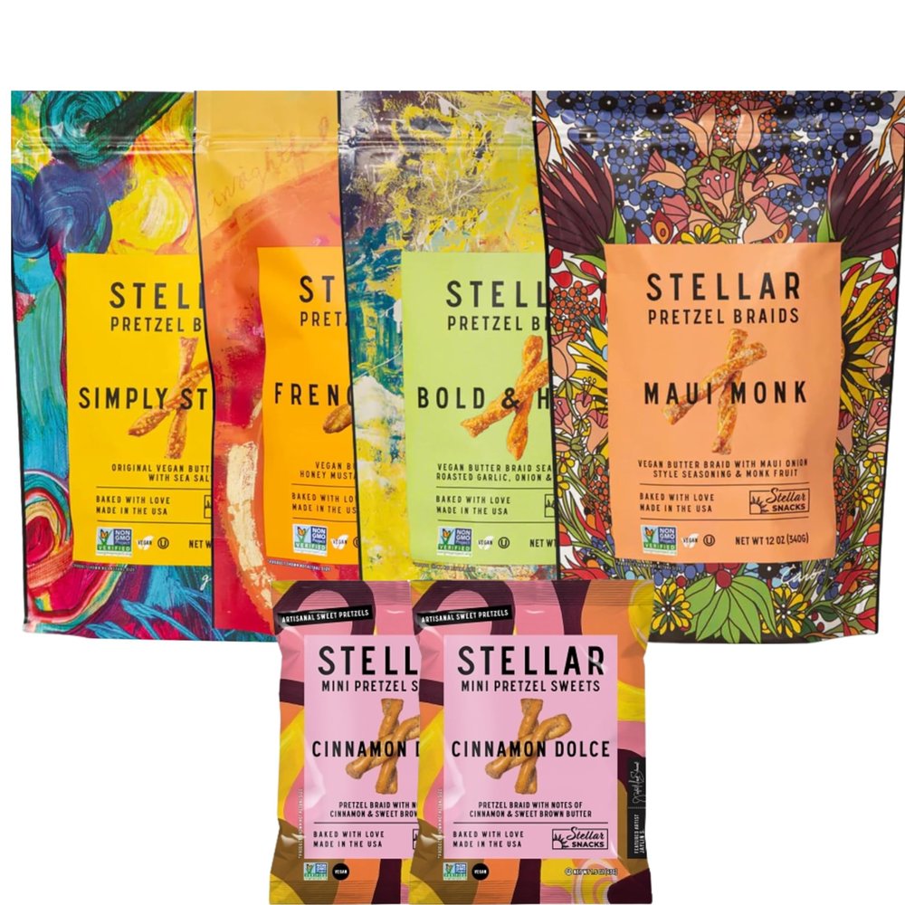 Stellar Snacks Pretzel Braids, 5 Flavor Variety Sampler Pack of Regular and Mini Pretzels Combo, Maui Monk, Simply Stellar, French Dijon, Bold Herby, Cinnamon Dolce, 12 Oz Pretzels & 1.5 Oz Bags, Gourmet Pretzel Sticks, Vegan, Kosher, Non GMO, Peanut