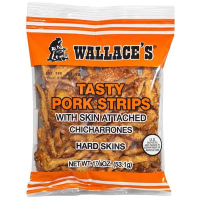 Wallace's Tasty Red Pepper Seasoned Pork Strips with Skin Attached, Chicharrones Fried Hard Skins, 1.875 Ounce (18 Count)