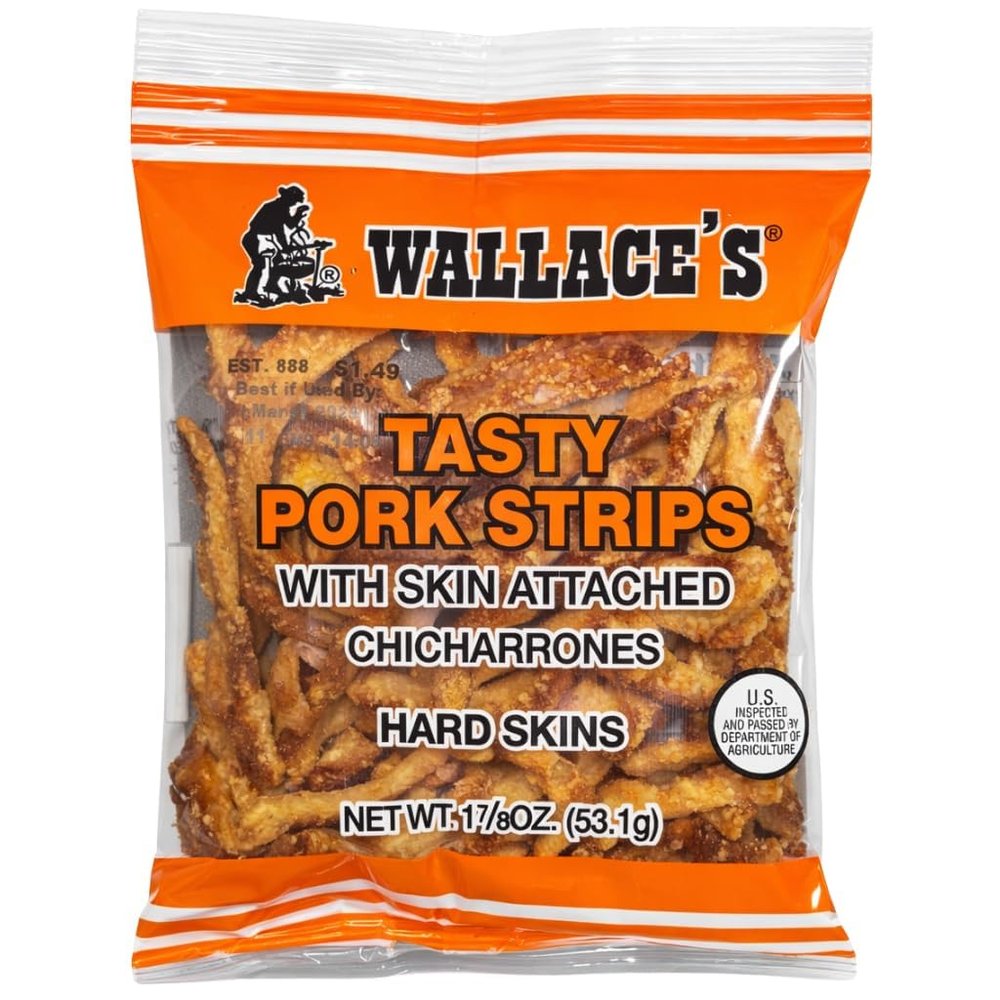 Wallace's Tasty Red Pepper Seasoned Pork Strips with Skin Attached, Chicharrones Fried Hard Skins, 1.875 Ounce (18 Count)
