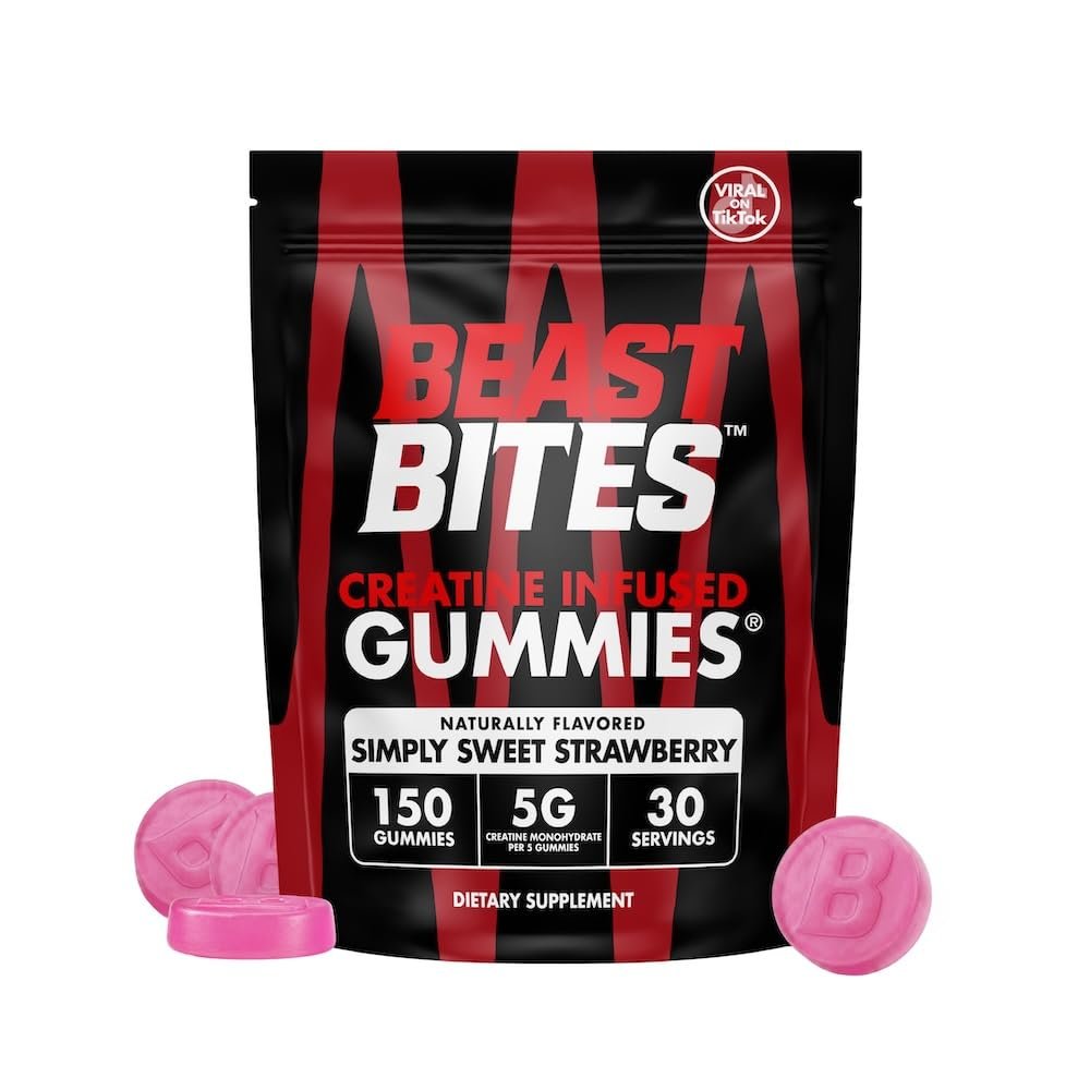 BEAST BITES Creatine Infused Gummies - 5g Creatine Monohydrate Per Serving - NSF Certified for Sport, Clean Label Project Certified (150 Gummies, Simply Sweet Strawberry)