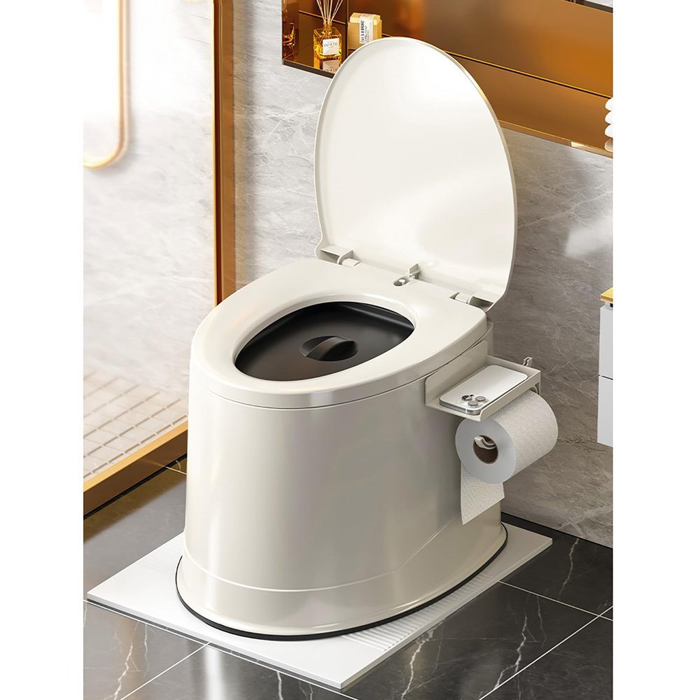 Portable Bedside Toilet, Indoor Outdoor Commode with Removable Bucket And Toilet Paper Holder, Lightweight & Compact Commode for Camping, Travel, Van, White