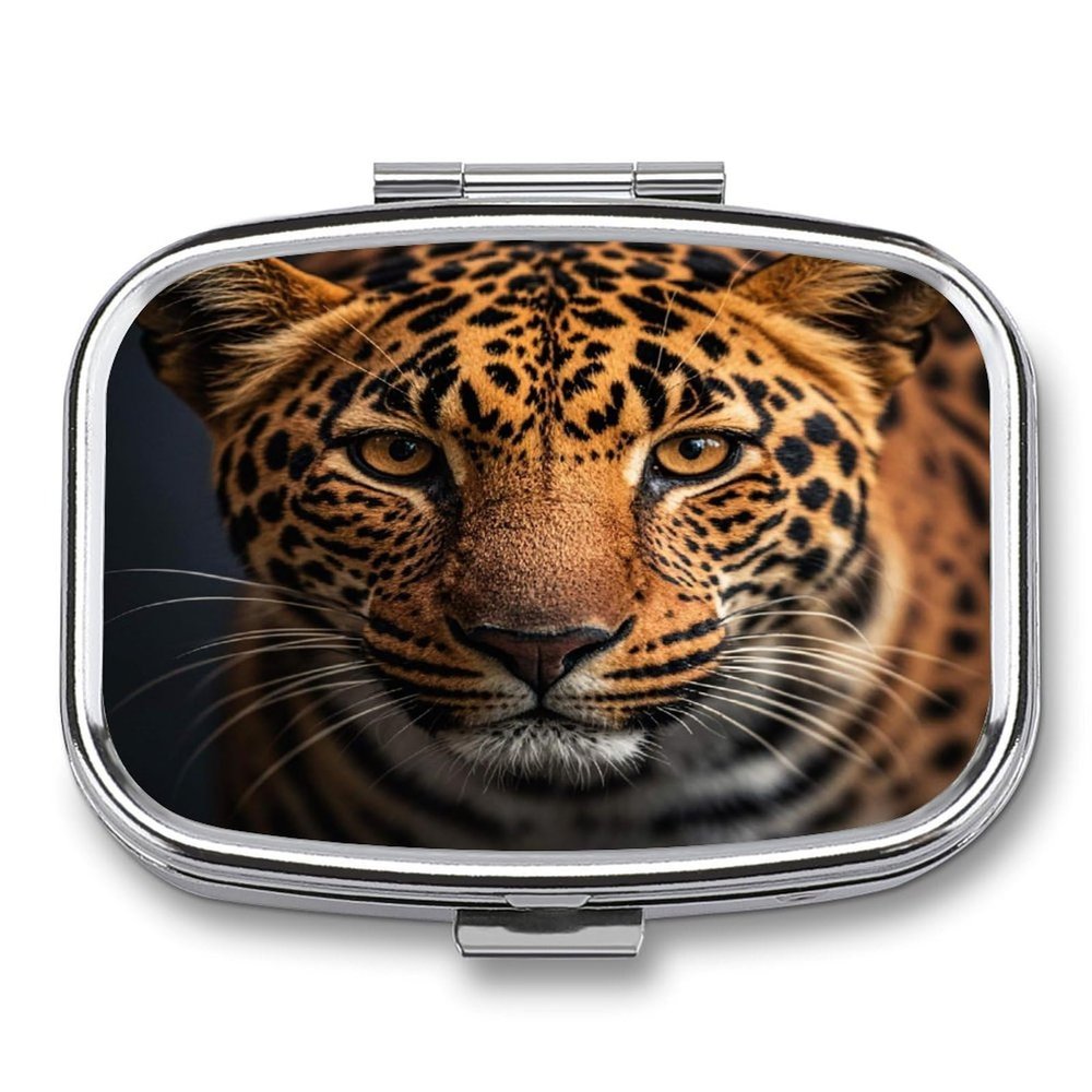 Black & Brown Leopard Pill Case 2 Compartments Travel Pill Organizer for Pocket Small Pill Box Portable Pill Container Metal Medication Holder to Hold Vitamin Fish Oil Supplement