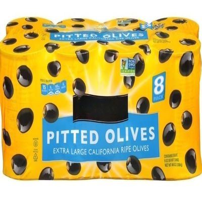 Extra-Large Pitted Olives , This convenient pantry pack holds eight 6 oz * 8 PK (170g) drain weight cans . Extra-Large sized pitted black olives. 8 count .. Total Net Wt [ 48 oz , 3 lb ]