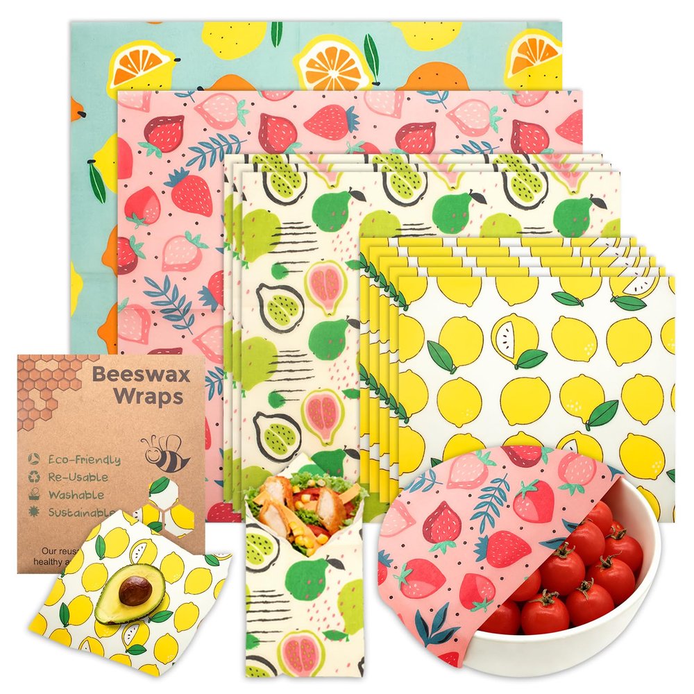 LUCKYPADS Beeswax Wraps for Food, 10-Pack Reusable Bees wax Wraps with 4 Sizes (5 Small+3 Medium+1 Large+1 X-Large) 100% Natural, Plastic Free, Biodegradable & Compostable, Eco Friendly Food Wrap