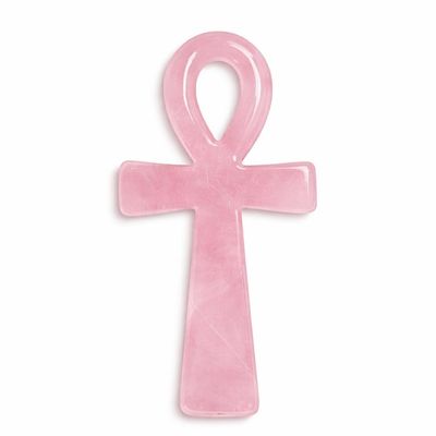 Crystal Ankh Cross Decor 10cm/3.94in, Polished Stone Egyptian Symbol Figurine for Home Altar Shelf Desk, Clear Quartz Strawberry Quartz Rose Quartz Amethyst Gift(Rose Quartz)