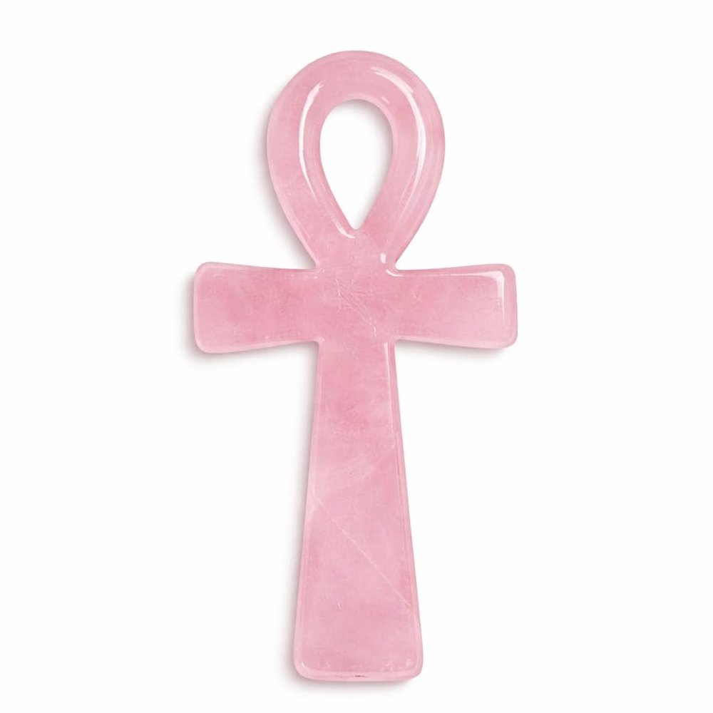 Crystal Ankh Cross Decor 10cm/3.94in, Polished Stone Egyptian Symbol Figurine for Home Altar Shelf Desk, Clear Quartz Strawberry Quartz Rose Quartz Amethyst Gift(Rose Quartz)