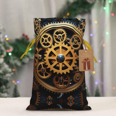 JWSDKNJ Reusable Gift Wrapping Bag for Holiday Party FavorsClock Gear Christmas Gift Bag Burlap Xmas Drawstring Gift Sack with Tag & Tie, Small Christmas Bags for Gifts