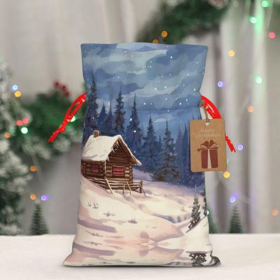FZMTLDS Reusable Gift Wrapping Bag for Holiday Party FavorsCabin in the woods Christmas Gift Bag Burlap Xmas Drawstring Gift Sack with Tag & Tie, Small Christmas Bags for Gifts