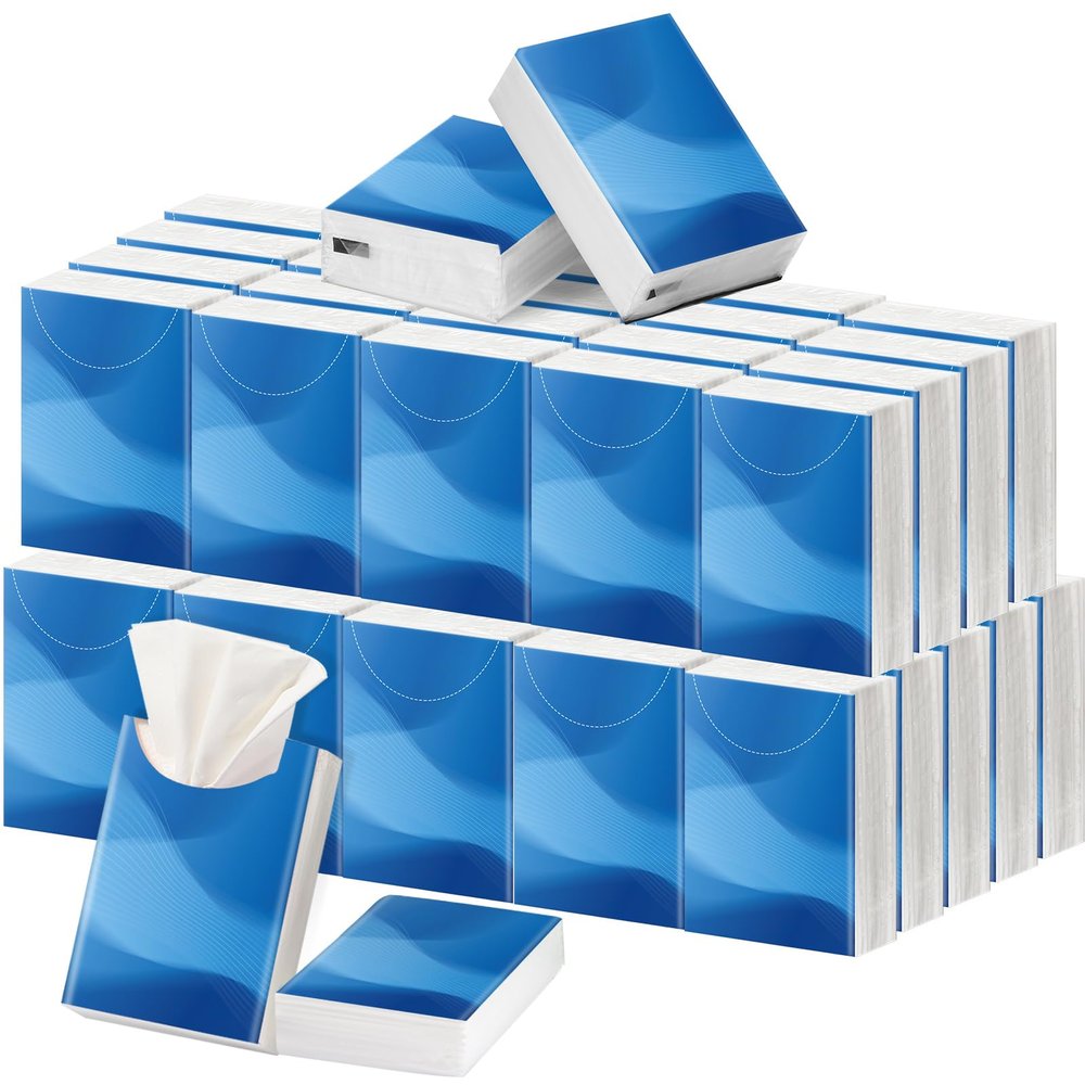 Outus 50 Pack Classic Blue Wave Pocket Tissues Travel Size 3 Ply Small Mini Facial Tissues Individual 400 Sheets Party Favor Gift for Travel Home Office Supplies