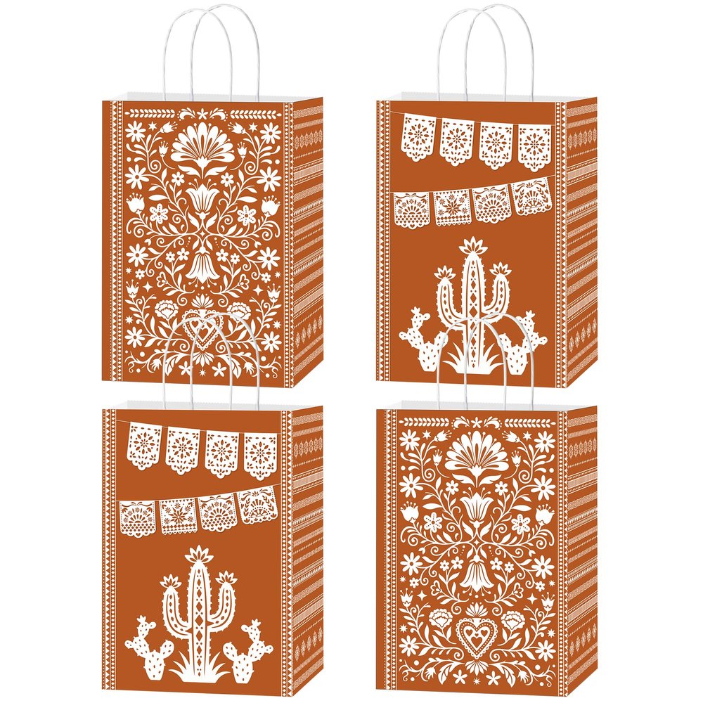 MOIZYNG 16PCS Cielito Lindo Party Favor Bags, Mexican Papel Picado Paper Treat Candy Goodie Gift Bags with Handles for Cinco de Mayo Fiesta Birthday Baby Shower Party Decorations