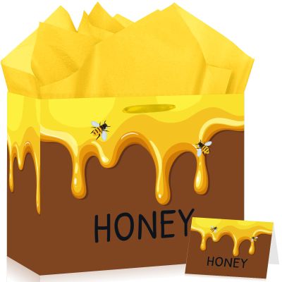Honey Bee Gift Bag with Tissue Paper and Greeting Card Cartoon Bee Birthday Baby Shower Party Favor Bags Yellow Sweet Honeypot Bumble Gift Wrapping Paper Bags for Baby Shower Birthday Party Supplies