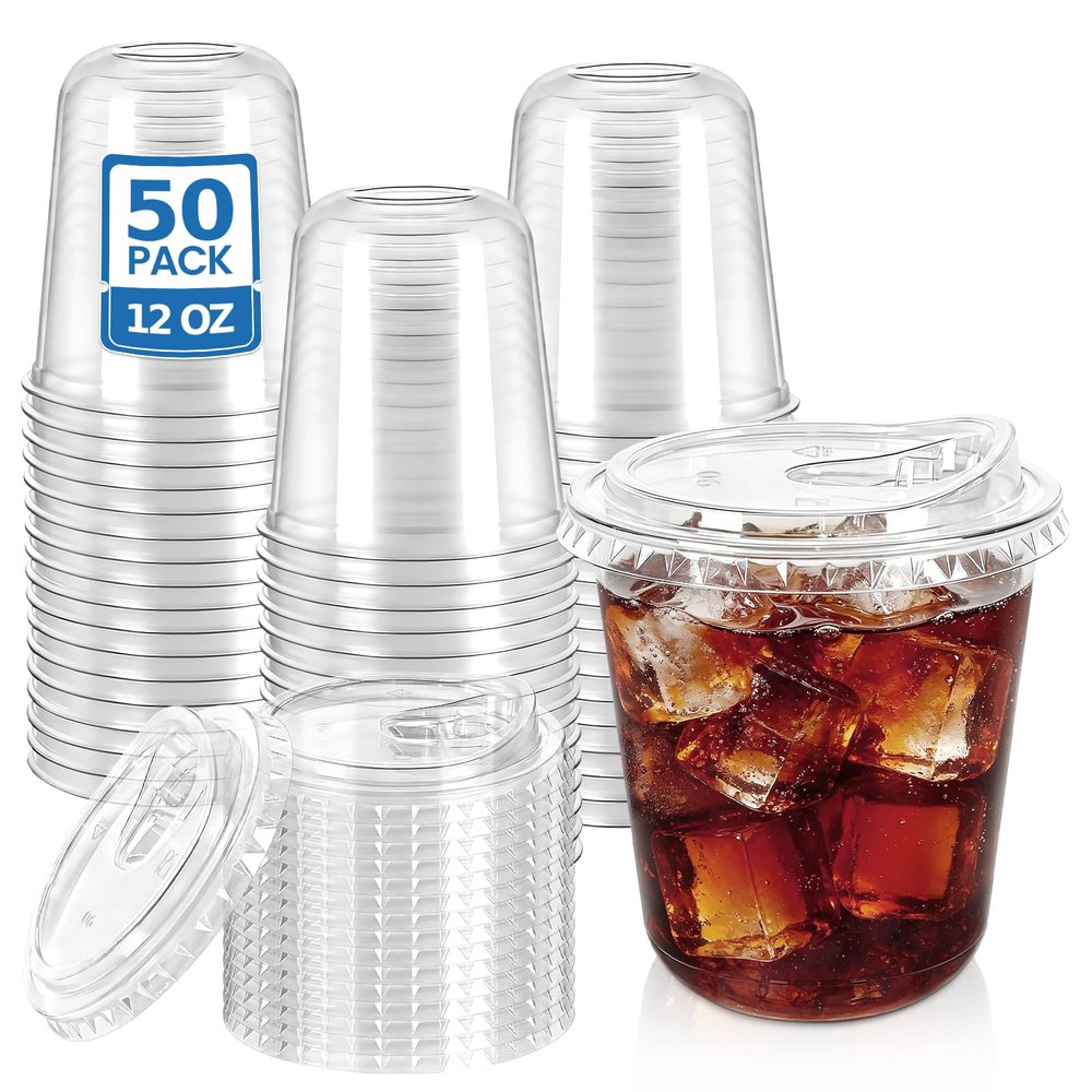 LIKAJON 50 Pack 12 oz Clear Plastic Iced Coffee Cups with Sip Lids