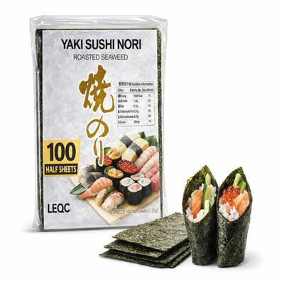 Sushi Nori Sheets Professional Grade Seaweed for Sushi Rolls, Onigiri & Bento (Half Cut Size 100 Sheets (1 Pack))