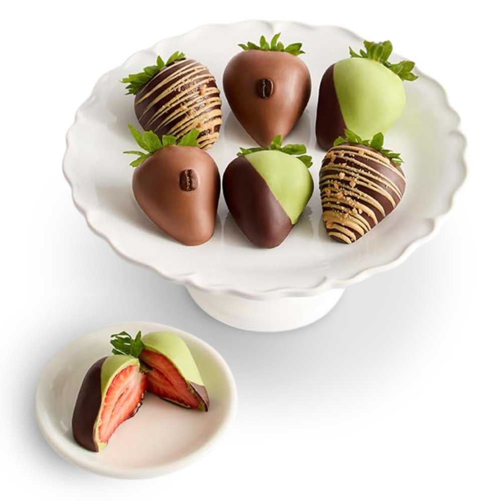 Sharis Berries Matcha and Coffee Dipped Chocolate Strawberries | Gourmet Chocolate Strawberry Gift Box for All Occasions | Unique Thoughtful Gift for Mother's Day (Half Dozen, 6 Berries)