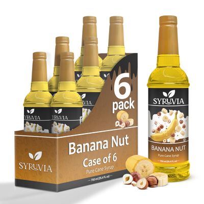Banana Nut Syrup by Syruvia 6-Pack, 25.4 fl oz, Wholesale Coffee Syrup Shops, Cafes, Baristas, Bistros, & Beverage Bars, Bulk Kosher & Gluten-Free