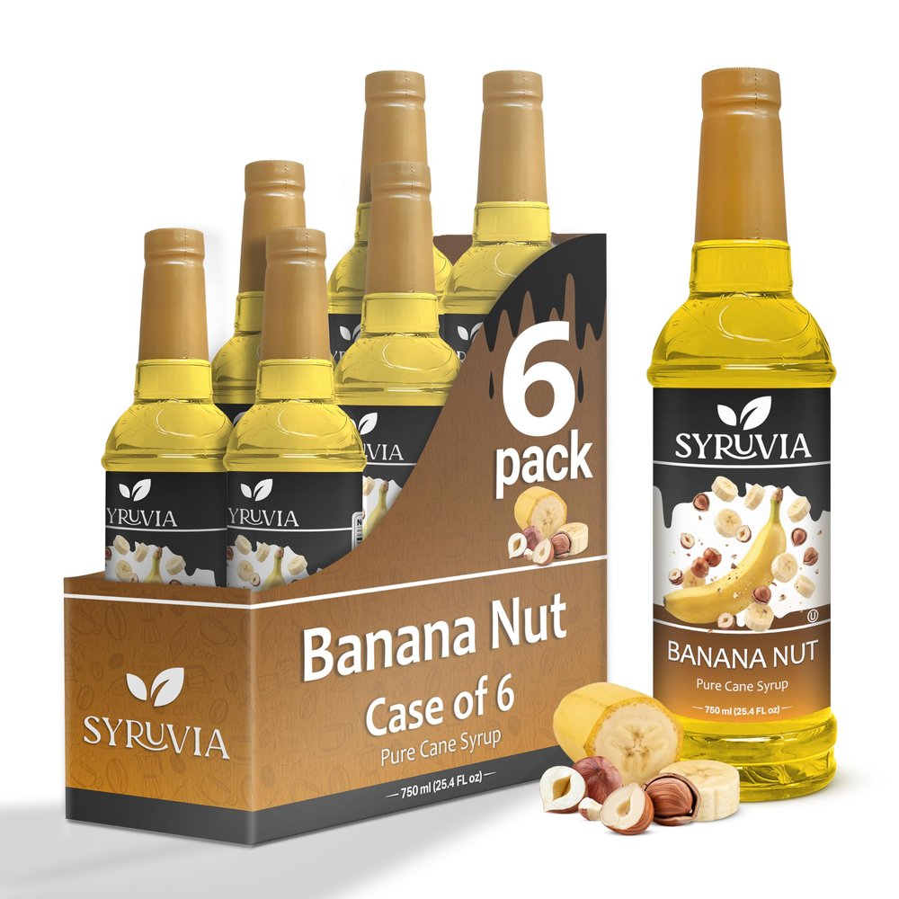 Banana Nut Syrup by Syruvia 6-Pack, 25.4 fl oz, Wholesale Coffee Syrup Shops, Cafes, Baristas, Bistros, & Beverage Bars, Bulk Kosher & Gluten-Free