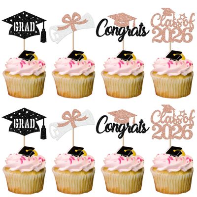 24 Pack 2026 graduation Cupcake Toppers Glitter Diploma Congrats Grad Cap Done Cupcake Picks Class of 2026 Cake Decorations for 2026 Graduation Theme Party Supplies Rose Gold
