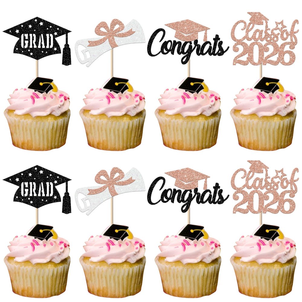 24 Pack 2026 graduation Cupcake Toppers Glitter Diploma Congrats Grad Cap Done Cupcake Picks Class of 2026 Cake Decorations for 2026 Graduation Theme Party Supplies Rose Gold