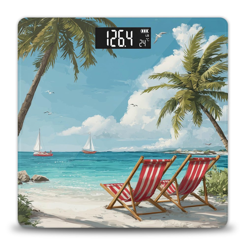 Ocean Palm Tree Digital Bathroom Scale for Body Weight - Weight Scale for People with LED Display, 400 lb Capacity, Step-On Technology, Highly Accurate