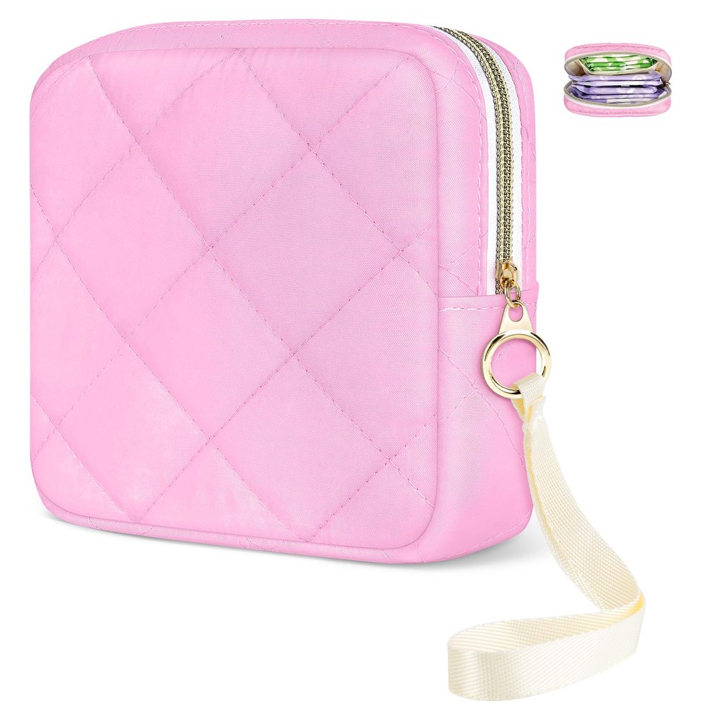 Likesing Period Bag Pouch, Quilted Cotton Tampon Holder for Purse-Rose Pink