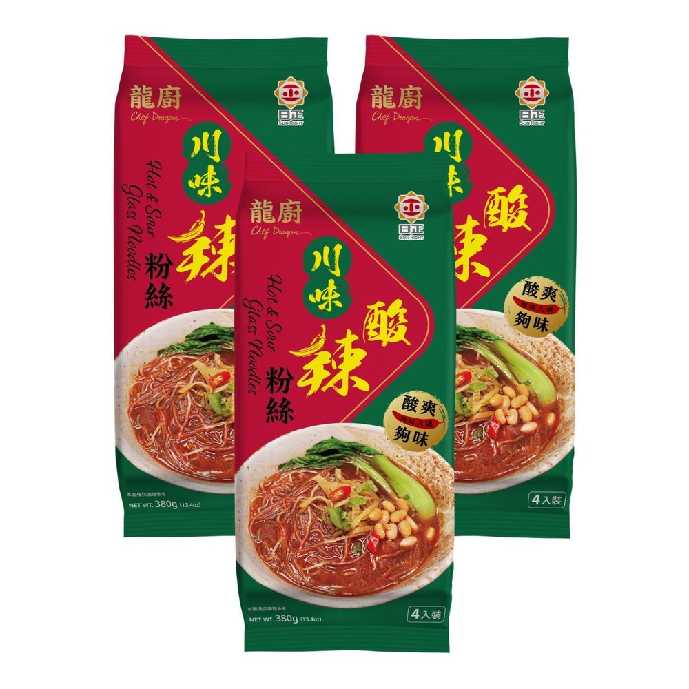 Chef Dragon Hot and Sour Glass Noodles | Sichuan Style Spicy Sour Vermicelli with Chili Oil & Black Vinegar, Instant Asian Noodles, Chewy Texture | Pack of 3