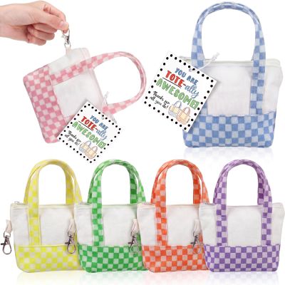 Tallew 6 Sets Mini Tote Bag Keychain for Teacher Appreciation Gifts Mini Checkered Canvas Tote Bags with Keychain Thank You Tags Small Reusable Gift Bags for Graduation Classroom Back to School