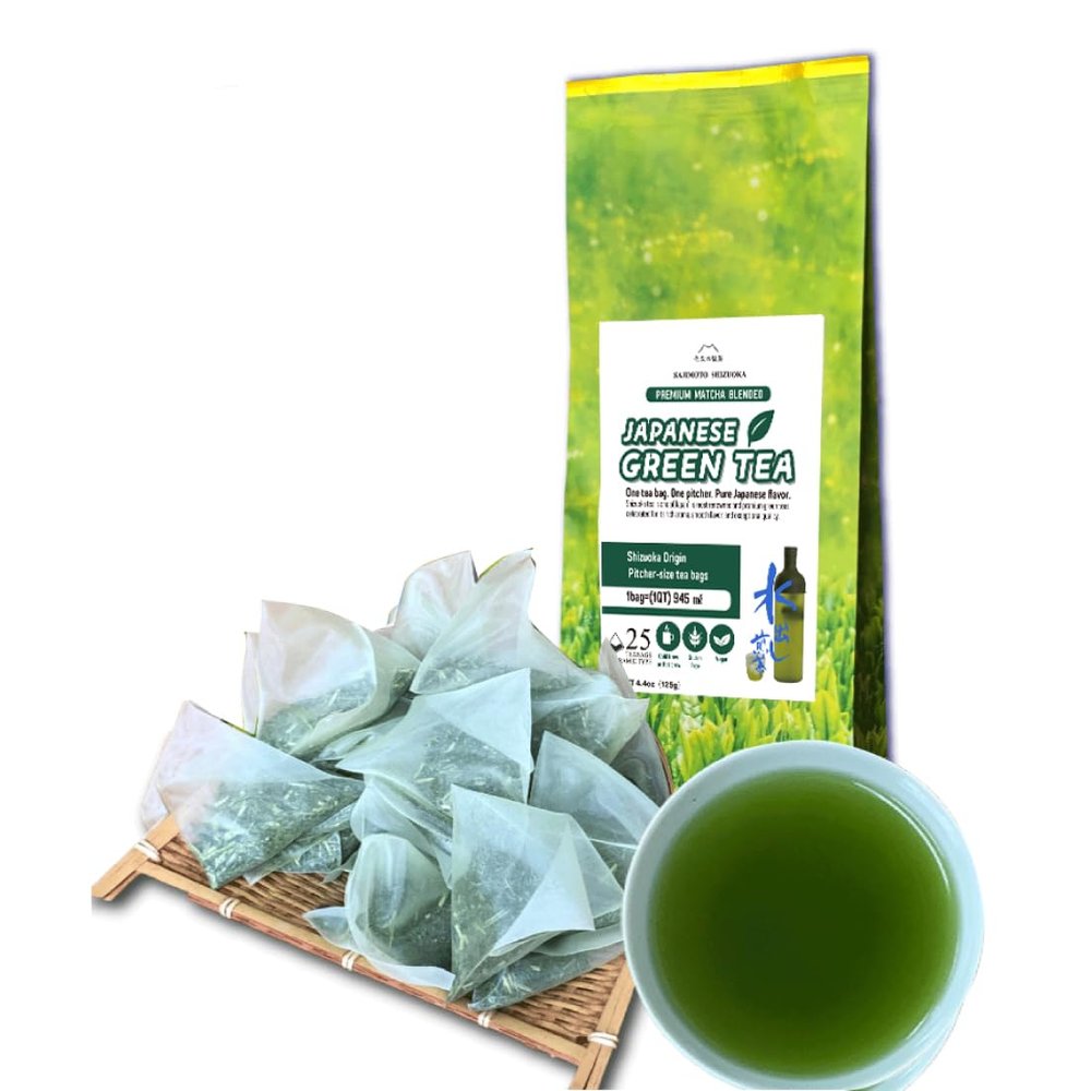 SAJIMOTO TEA Japanese Green Tea Bags Pitcher Size Cold Brew & Hot Brew | Fukamushi Deep-Steamed Sencha with Matcha | Shizuoka Origin | 25 Large Bags (4.4oz / 125g)