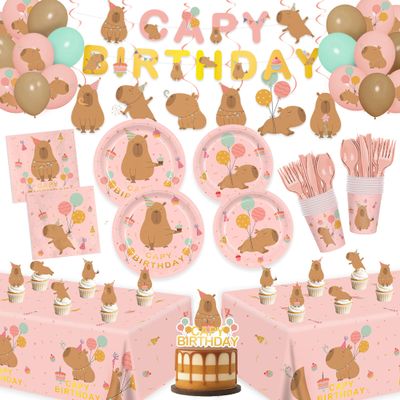 182pcs Pink Capybara Plates Napkins Birthday Party Supplies Disposable Tableware Set Includes Cups Banner Tablecloths Cake Topper Balloons for Girls Capybara Birthday Party Decorations Serve 20 Guests