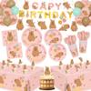 182pcs Pink Capybara Plates Napkins Birthday Party Supplies Disposable Tableware Set Includes Cups Banner Tablecloths Cake Topper Balloons for Girls Capybara Birthday Party Decorations Serve 20 Guests view 1