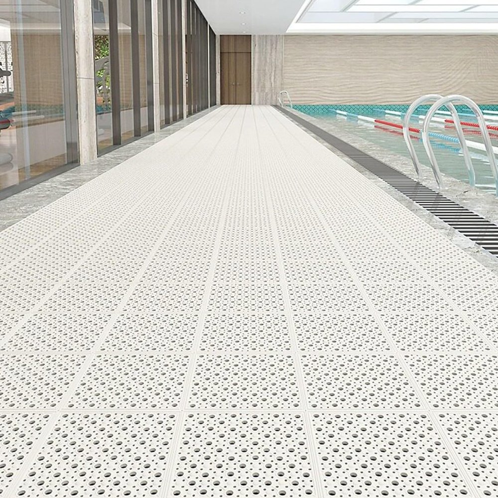 12 Pack Non-Slip Floor Mat TPE Interlocking Shower Mat with Drain Holes and Suction Cups, Easy to Cut for Bathroom, Poolside(White)