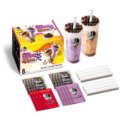 JWAY Instant Boba Bubble Tea Kit 8 Servings, 4 Taro & 4 Classic Milk Tea Variety Pack with Authentic Brown Sugar Tapioca Pearls, Ready In Under 1 Minute, Paper Straws Included, Boba Party Gift Kit Set