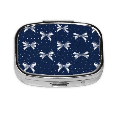 Polka Dots Slim Ribbon Bows On Navy Blue Pill Box Square Metal Pill Case with 2 Compartment Travel Pill Organizer for Vitamins Medication