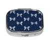 Polka Dots Slim Ribbon Bows On Navy Blue Pill Box Square Metal Pill Case with 2 Compartment Travel Pill Organizer for Vitamins Medication view 1