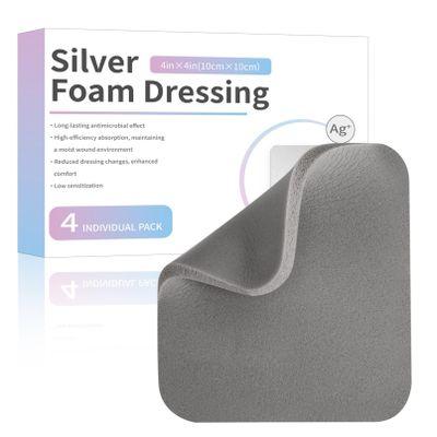 Silver Silicone Adhesive Foam Dressing Without Border 4 Pack Gentle Adhesive Waterproof Pads Ag Sterile Highly Absorbent Wound Dressing 4"4" for Burns Ulcers Abrasions Pressure Sore