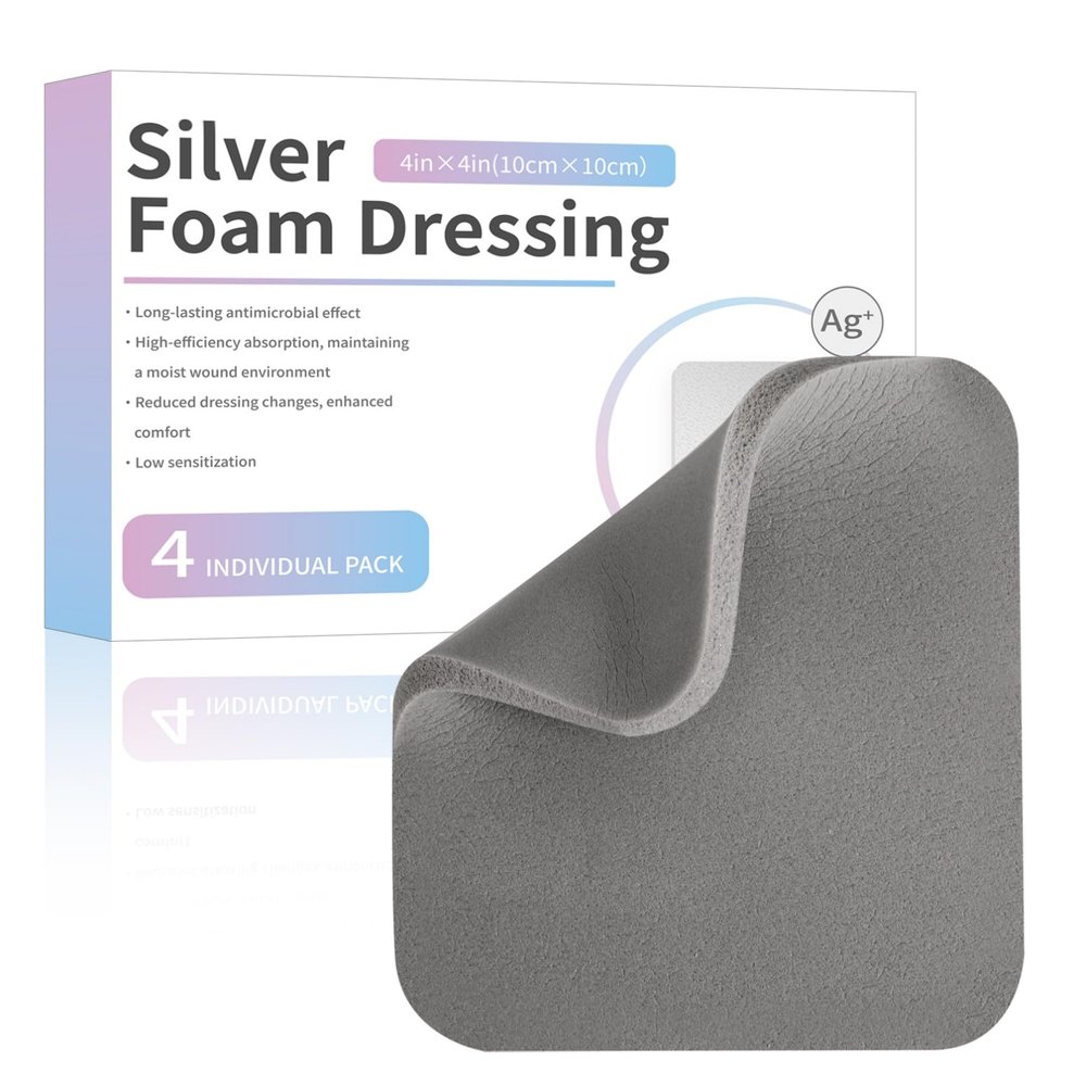 Silver Silicone Adhesive Foam Dressing Without Border 4 Pack Gentle Adhesive Waterproof Pads Ag Sterile Highly Absorbent Wound Dressing 4"4" for Burns Ulcers Abrasions Pressure Sore