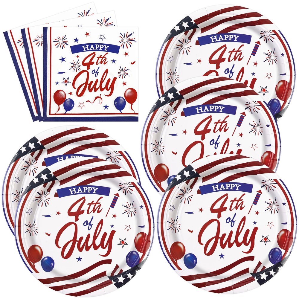 PUEVENYI 50PCS 4th of July Paper Plates and Napkins - American Flag Dessert Plates and Napkins Disposable Patriotic Theme Tableware Set for Independence Day Memorial Day Party Supplies Decorations