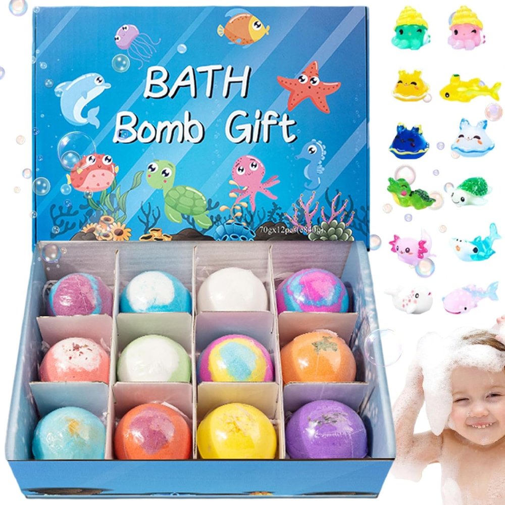 Bath Bombs for Kids with Surprise Inside, Bath Bombs with Toys, 12-Pack Bath Bombs with Animal Toys Inside for Summer Fun & Birthday Gifts (A)