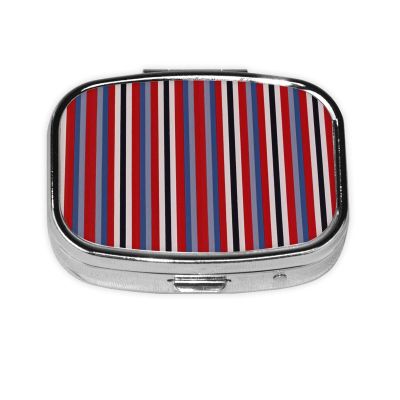 Flat Fabric with Red White and Blue Stripes Pill Box Square Metal Pill Case with 2 Compartment Travel Pill Organizer for Vitamins Medication