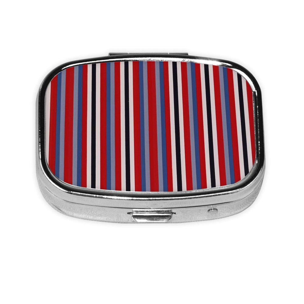 Flat Fabric with Red White and Blue Stripes Pill Box Square Metal Pill Case with 2 Compartment Travel Pill Organizer for Vitamins Medication