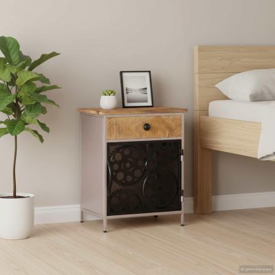 HGFDCBK Industrial Style Bedside Cabinet with Bicycle Chain Wheel Design, Rough Mango Wood and Silver Iron Frame, Versatile Indoor Cabinet for Bedroom Living Room or Office